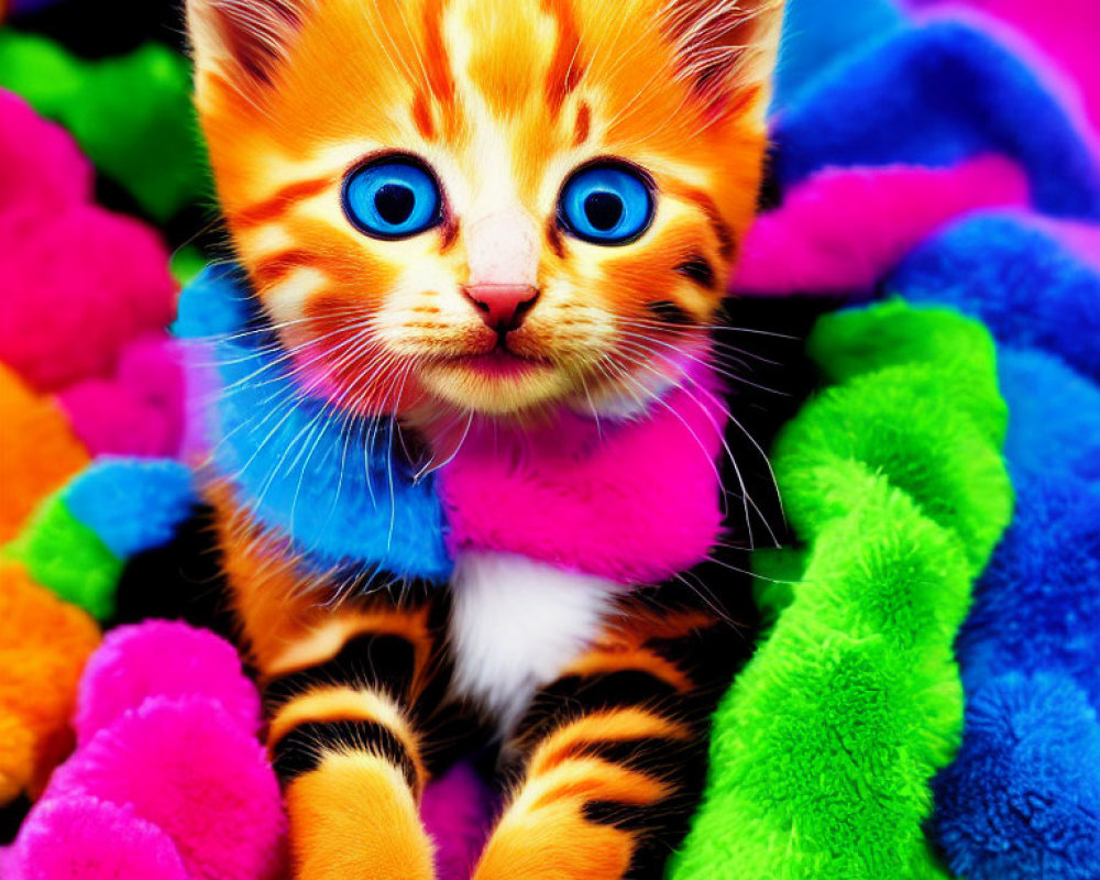 Vibrant digital image of a kitten with blue eyes in colorful plush setting