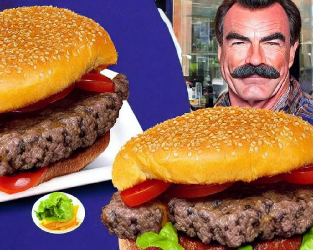 Man with Mustache Smiling Next to Two Beef Burgers with Lettuce and Tomatoes