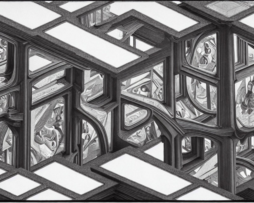 Detailed Monochrome Sketch of Complex, Impossible Structure