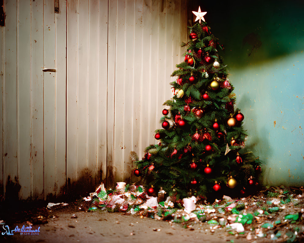 Decorated Christmas tree with red ornaments and star topper against grungy wall.