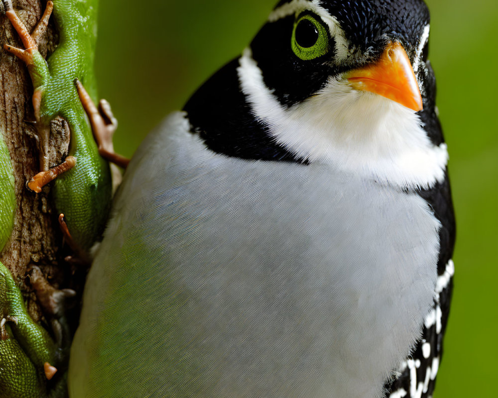 Colorful bird with black head and lizard on tree trunk in close proximity