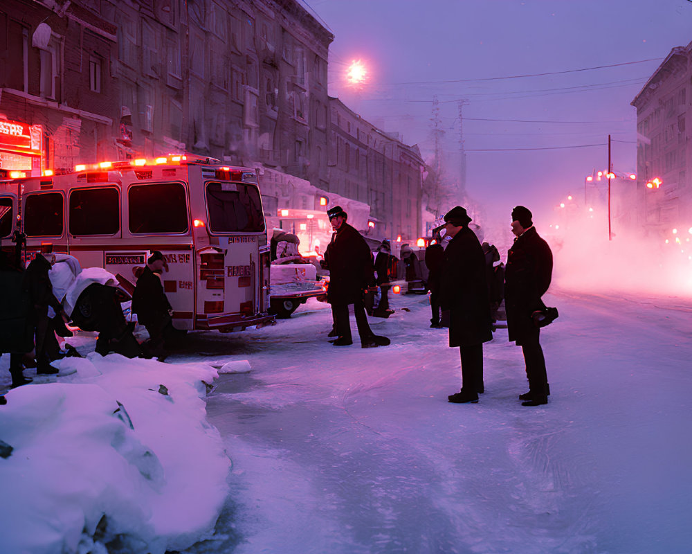 Emergency personnel by ambulance in snow-covered street at dusk with red emergency lights.