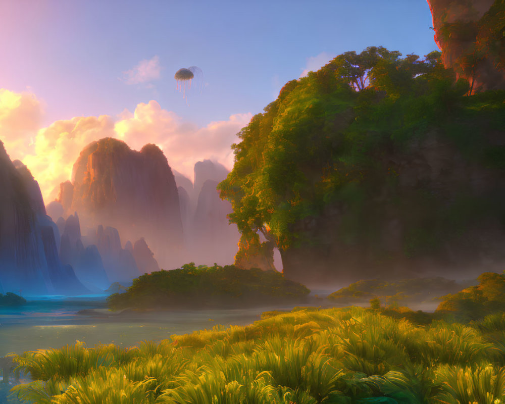 Fantastical landscape: lush greenery, towering mountains, floating islands, serene river