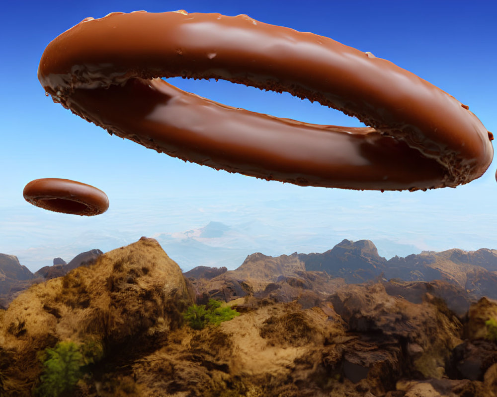 Chocolate-Glazed Donuts Floating over Desert Landscape