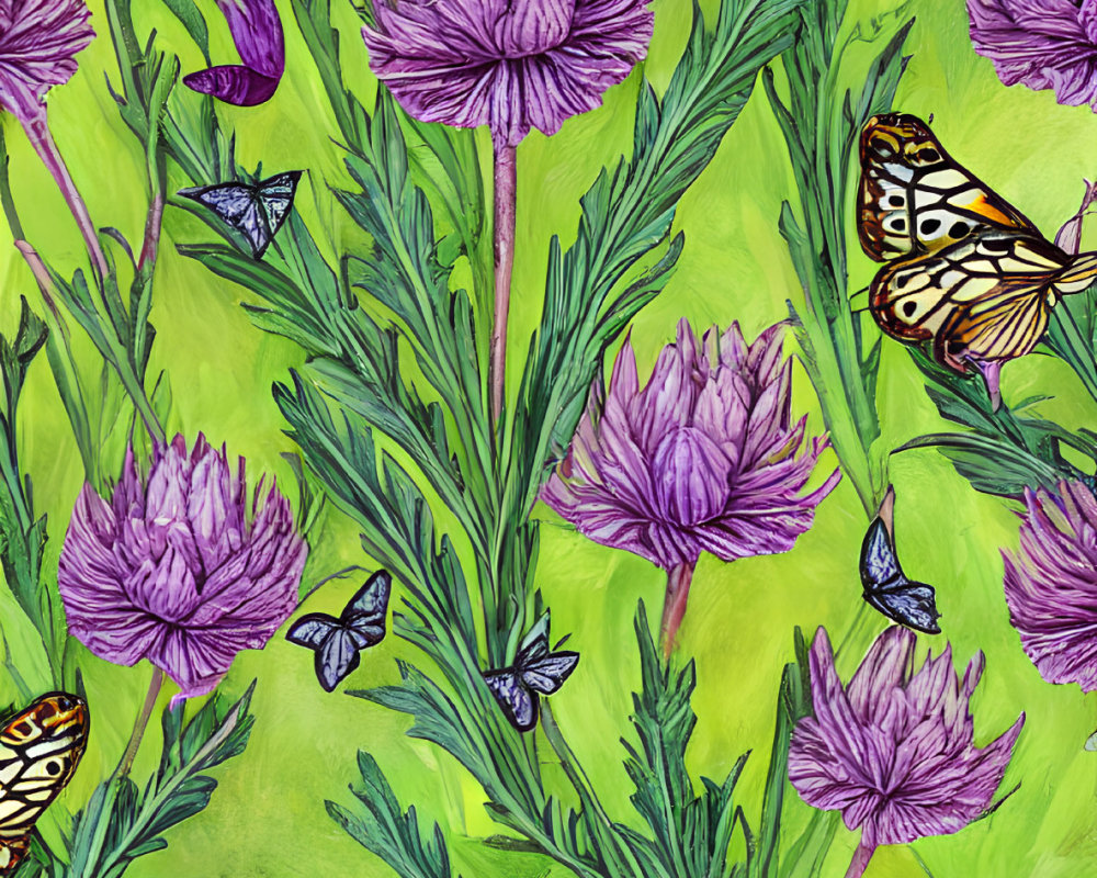 Colorful butterflies fluttering around vibrant purple chive flowers on lime green background