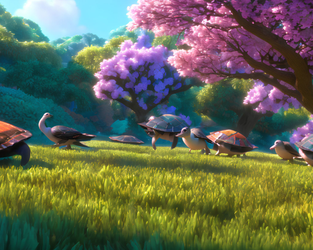 Colorful animated forest scene with turtles, birds, and pink flowering trees.