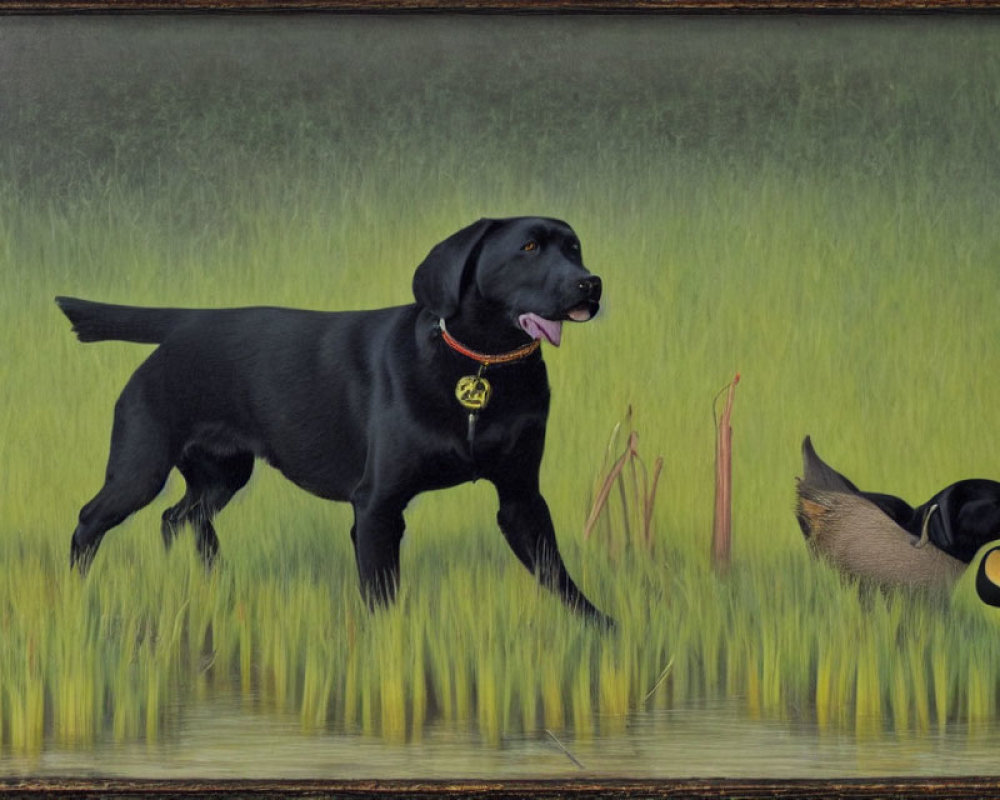 Black Labrador Retriever in tall grass with flying duck.