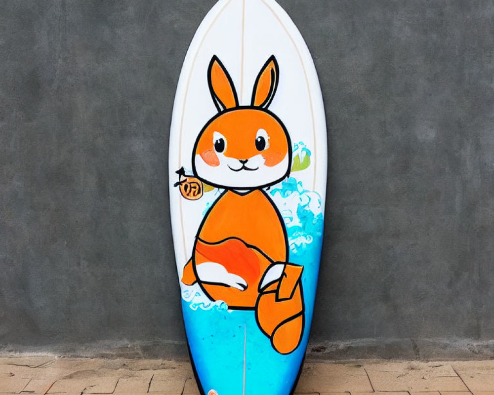 Colorful Surfboard with Cartoon Rabbit Illustration and Waves Design