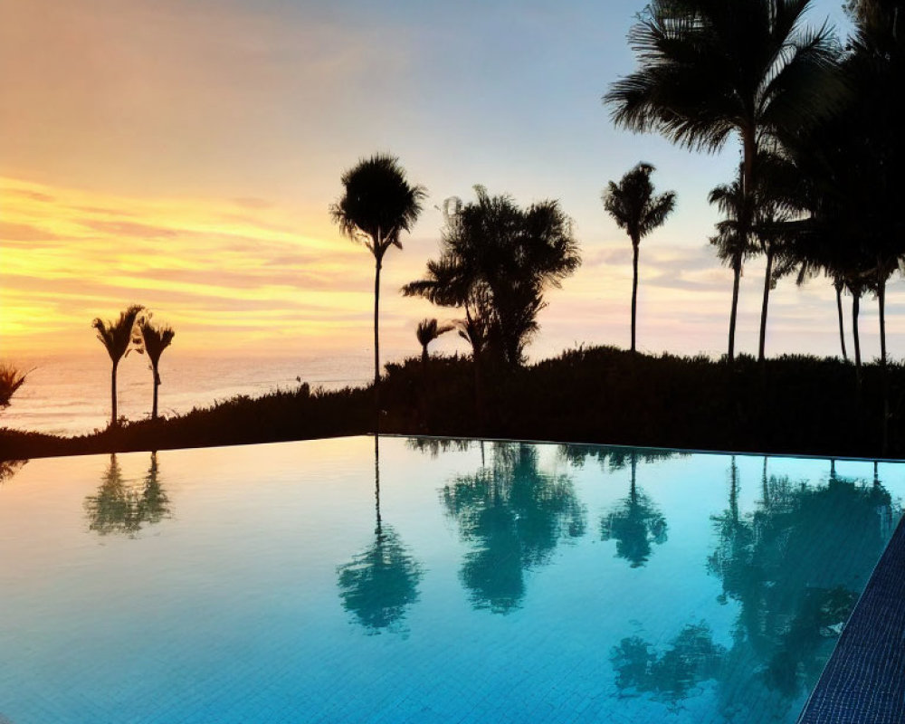 Tropical sunset: palm tree silhouettes, infinity pool, ocean view