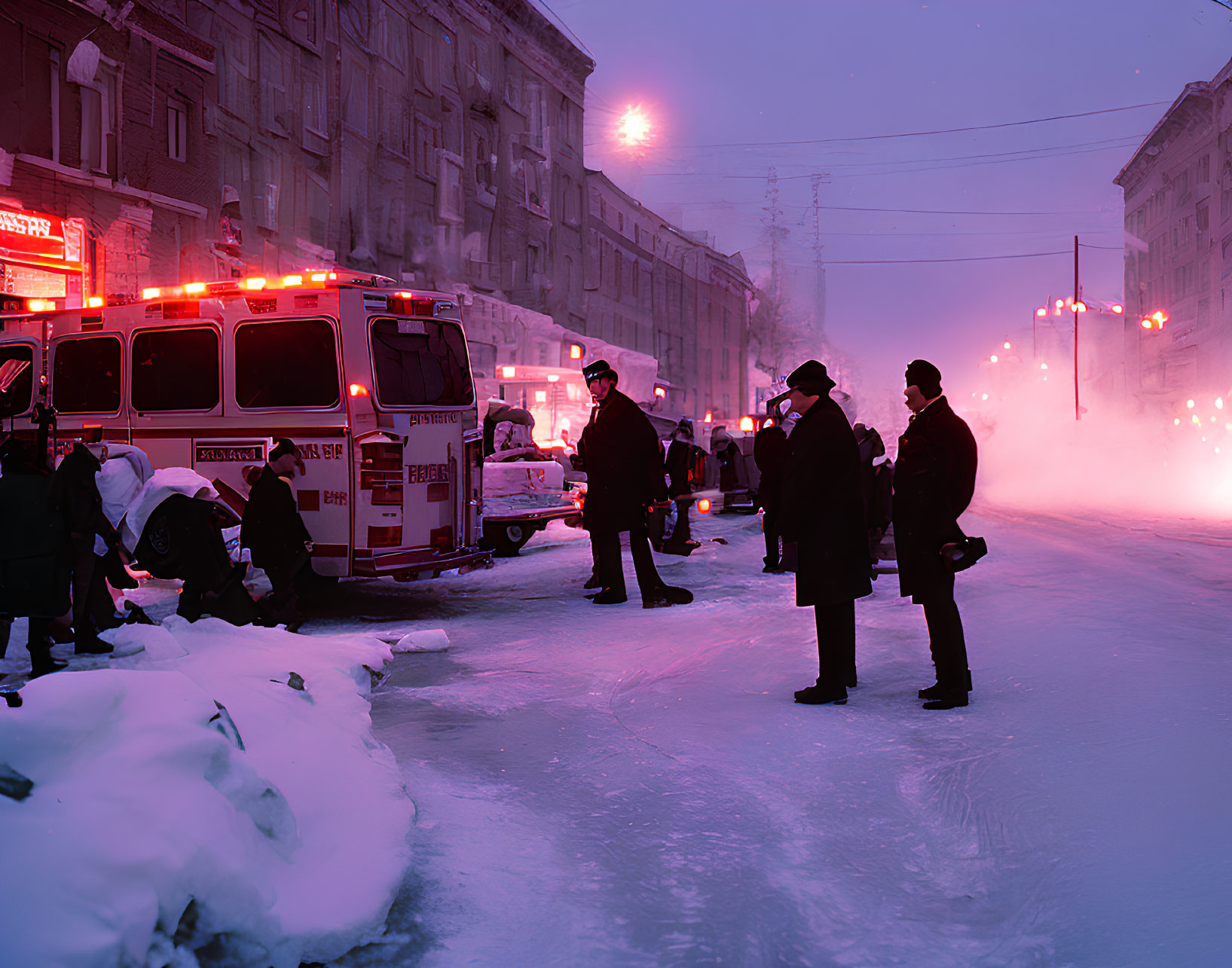 Emergency personnel by ambulance in snow-covered street at dusk with red emergency lights.