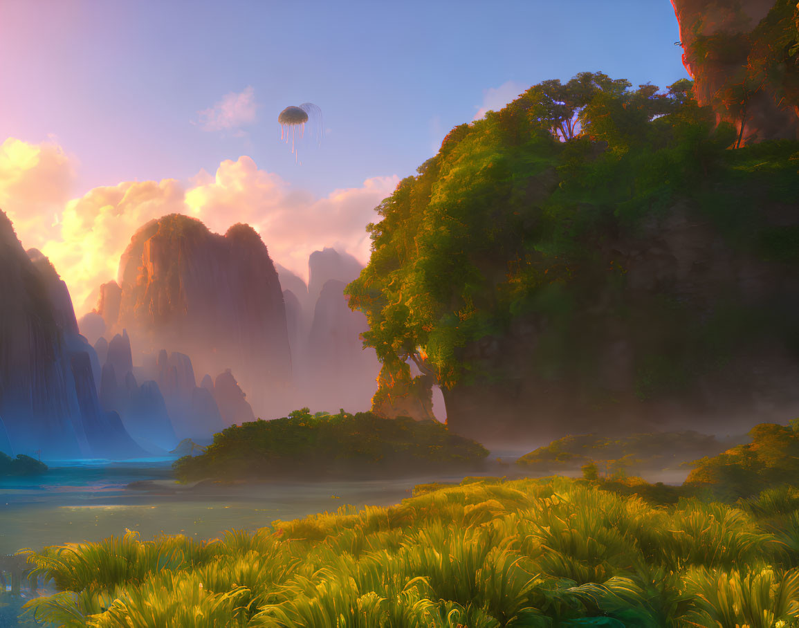 Fantastical landscape: lush greenery, towering mountains, floating islands, serene river