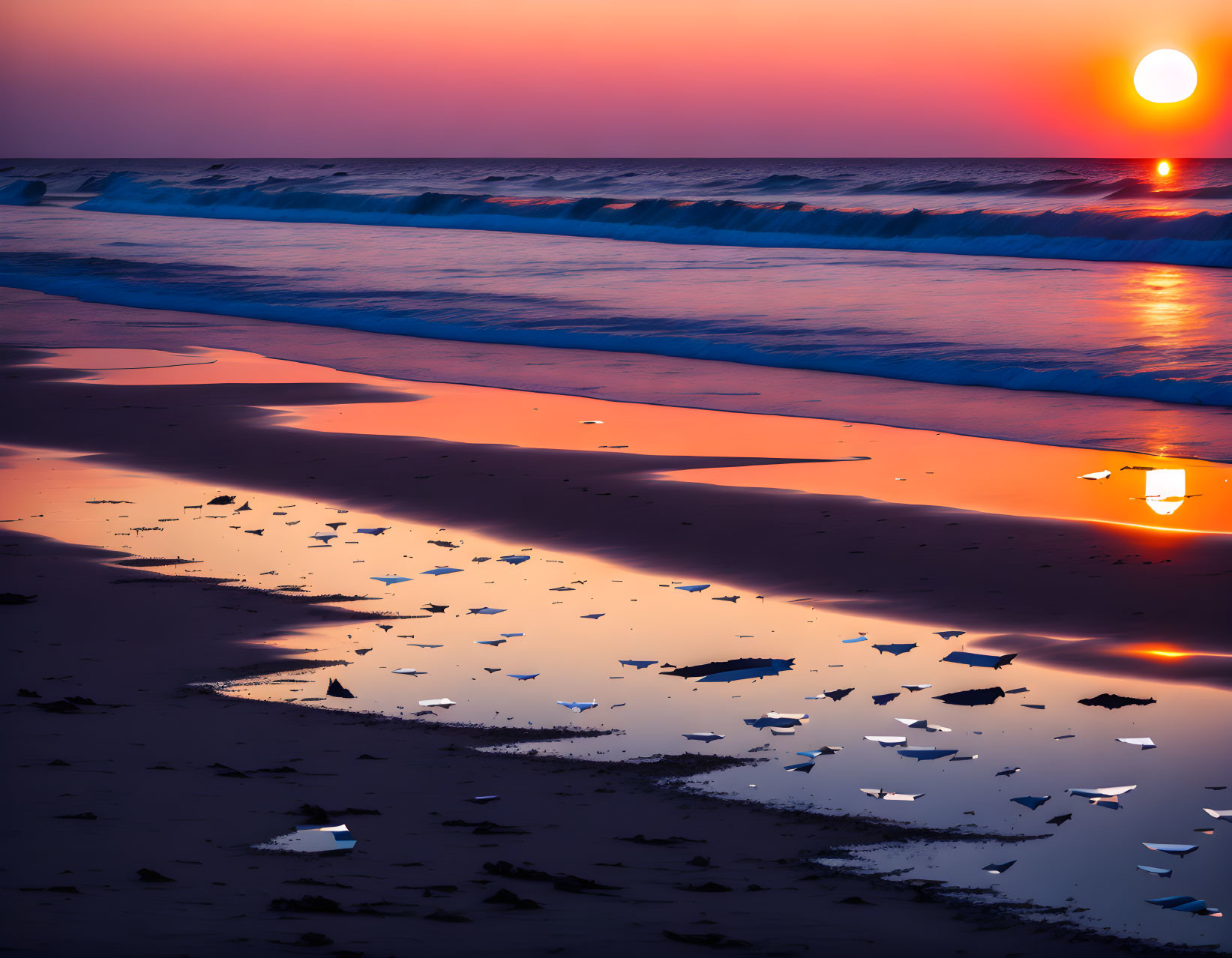 Vivid Orange and Purple Sunset on Beach with Silhouetted Seashells