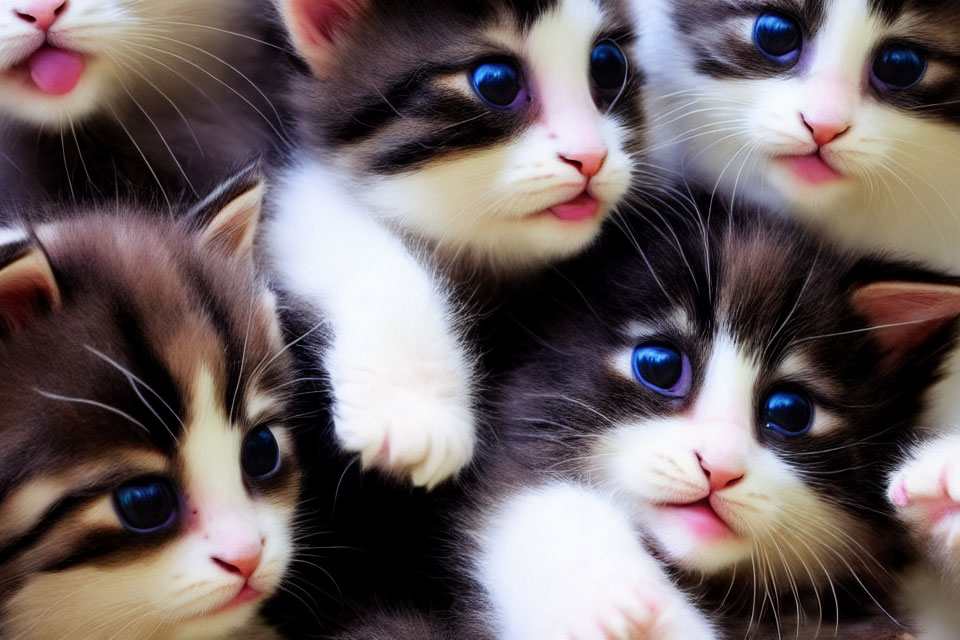 Several cute kittens with blue eyes and black and white fur in a close-up shot