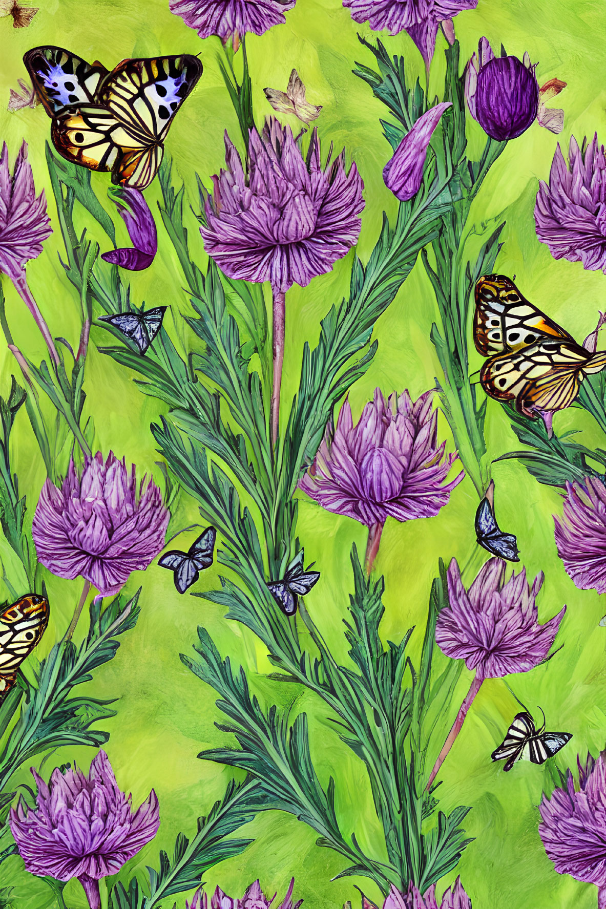 Colorful butterflies fluttering around vibrant purple chive flowers on lime green background