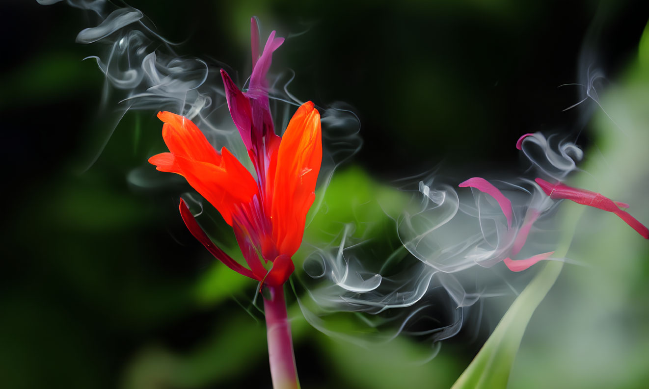 Vibrant orange flower with purple stem in misty setting