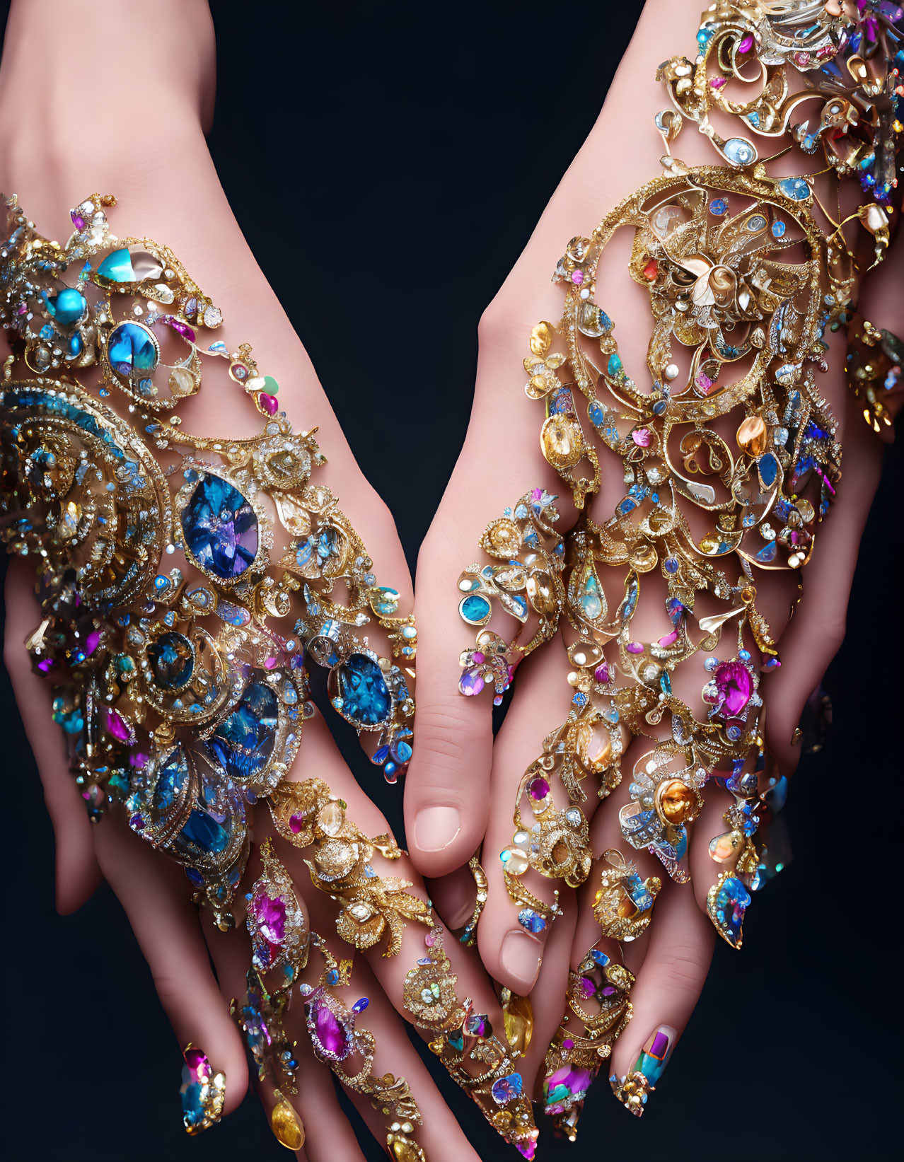 Golden Hand Jewelry with Blue and Purple Gemstones on Dark Background