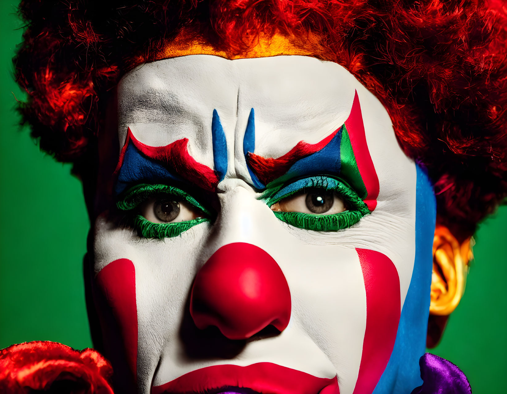 Detailed clown makeup with bright red, blue, and white colors on a person's face against a green