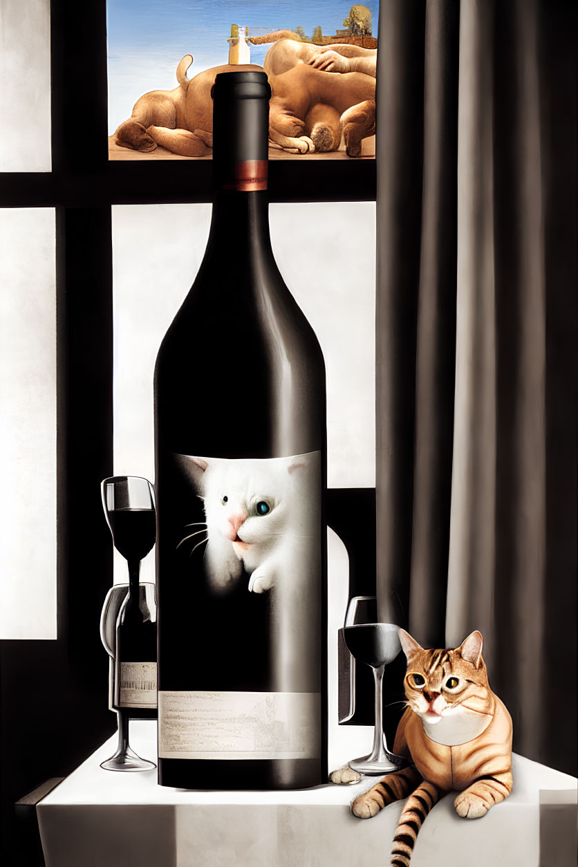 Whimsical cat illustration with wine bottle and glass on window backdrop