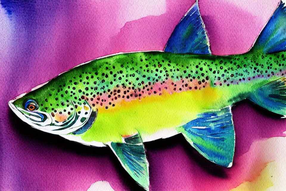 Vibrant watercolor fish painting with pink, green, and yellow gradient on purple-pink background