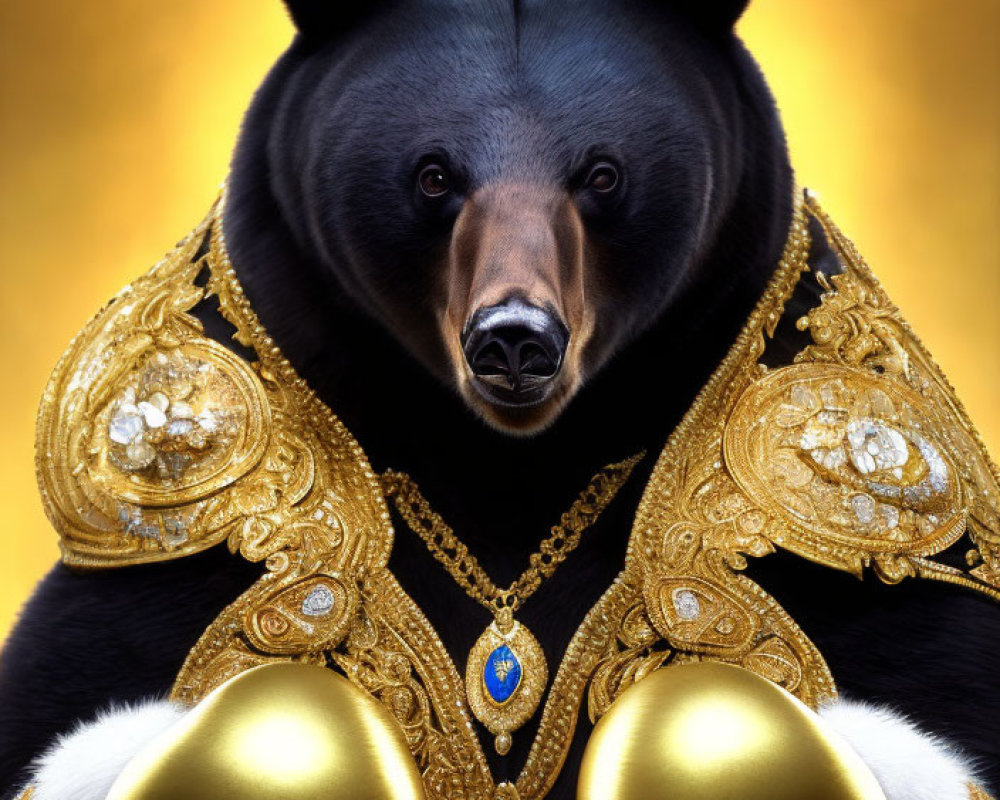 Black Bear in Gold Cloak and Boxing Gloves on Golden Background