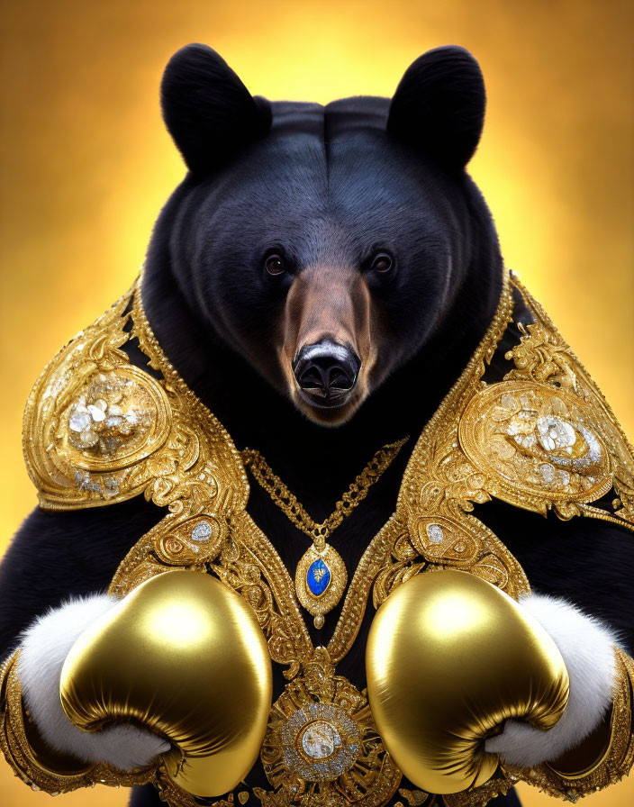 Black Bear in Gold Cloak and Boxing Gloves on Golden Background