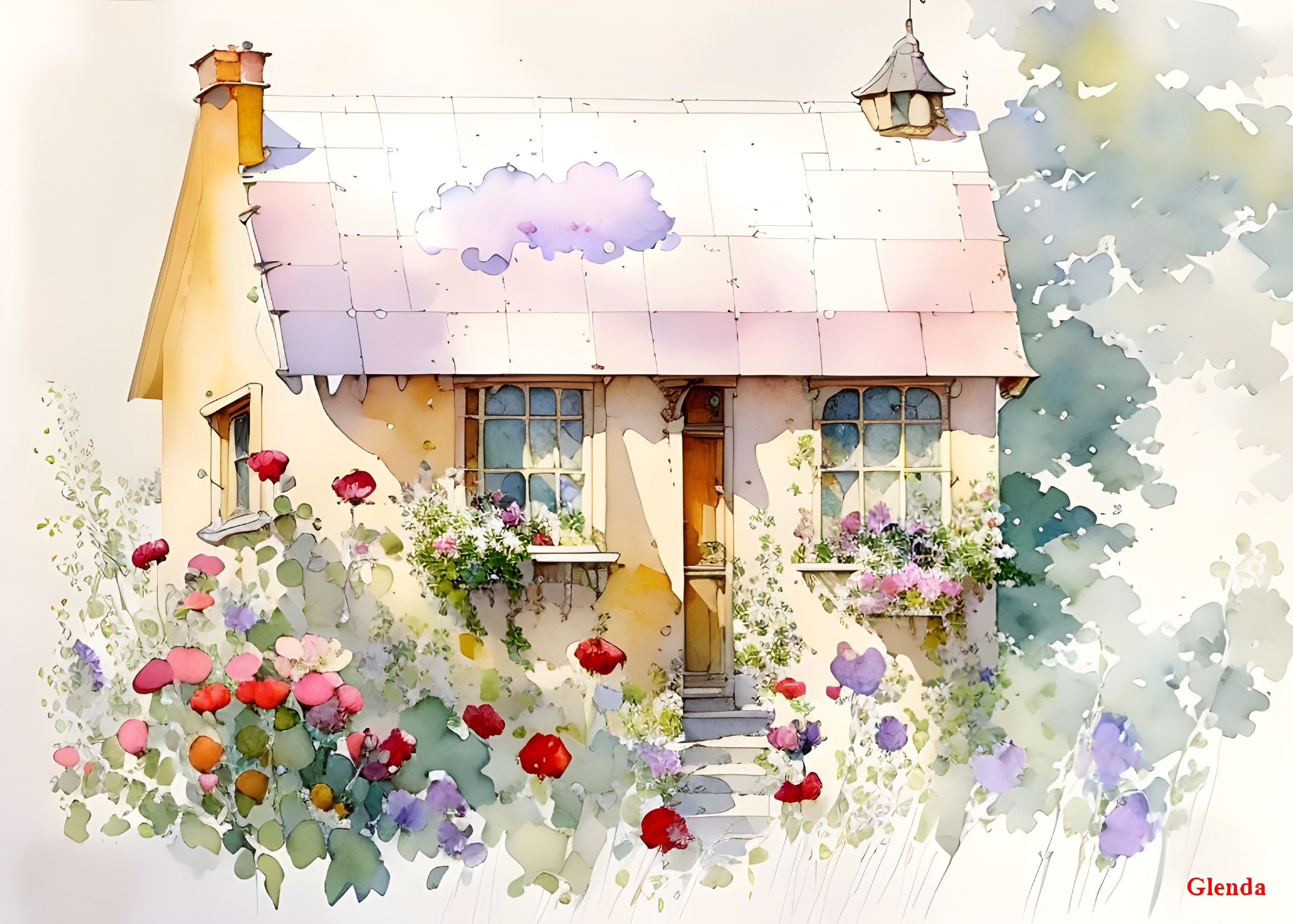 Charming watercolor of yellow cottage with pink roof in colorful garden