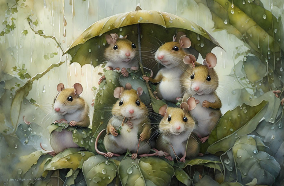 Six animated mice under leaf umbrella in raindrops and green foliage