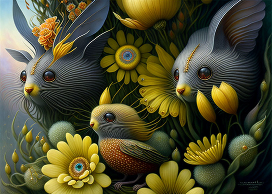 Surreal artwork: Rabbits, birds, flowers, foliage in moody sky