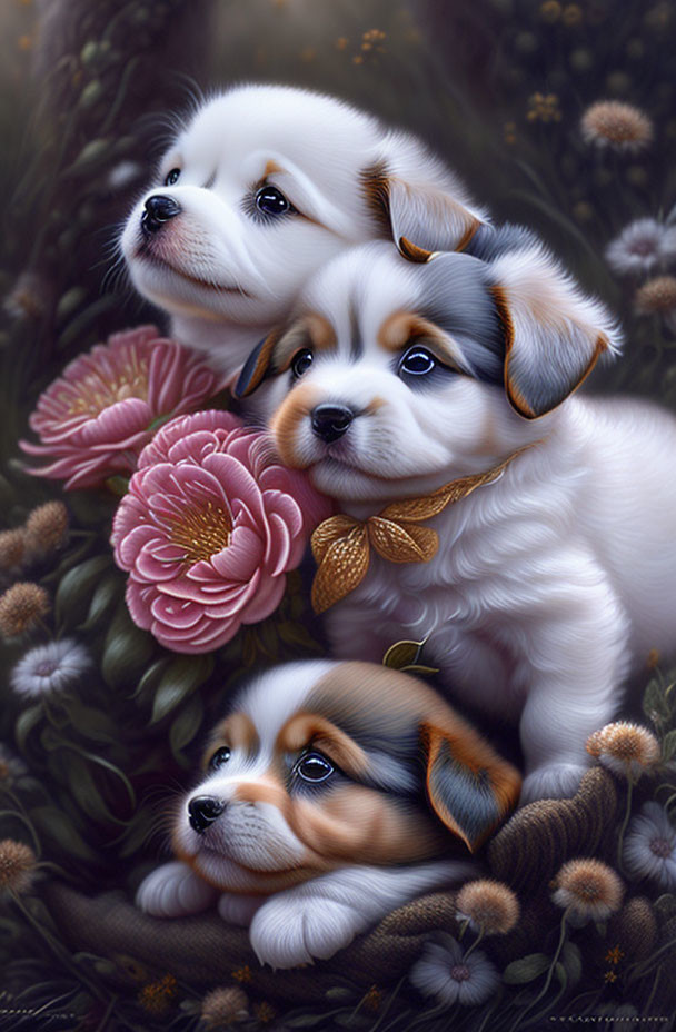 Three cute puppies in a floral setting with expressive eyes and fluffy fur