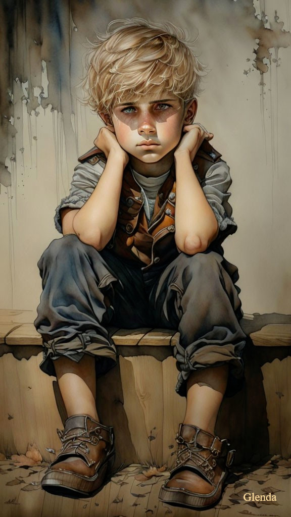 Portrait of a Sad Young Boy with Tousled Hair on Wooden Surface