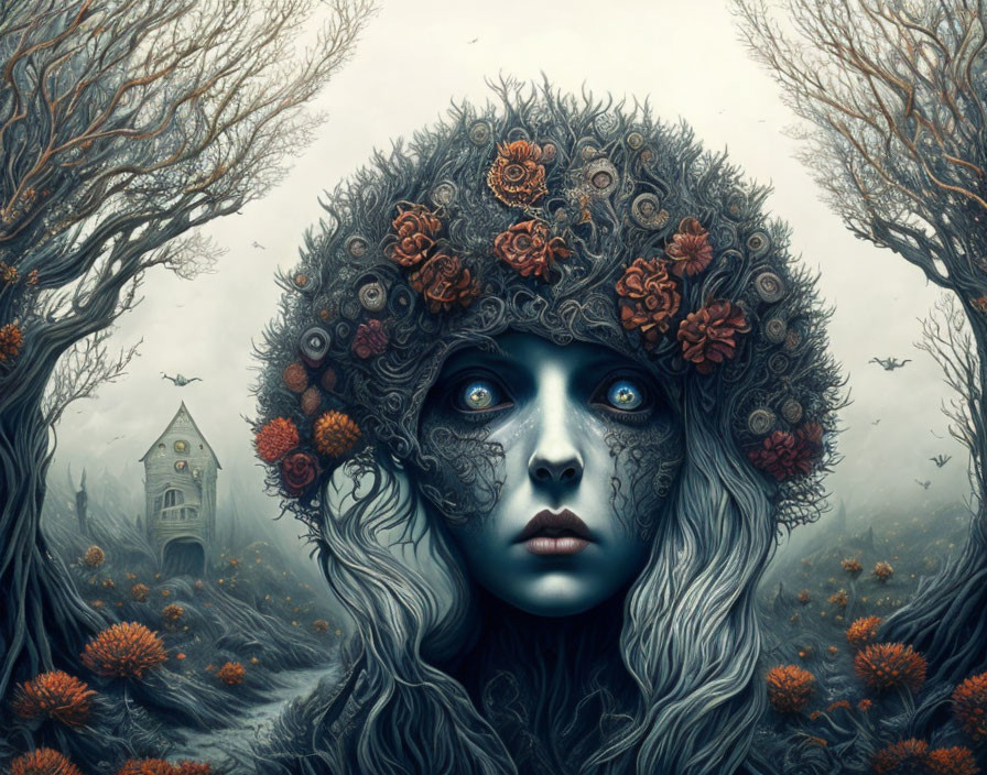 Surreal portrait of a person with floral headdress in whimsical forest