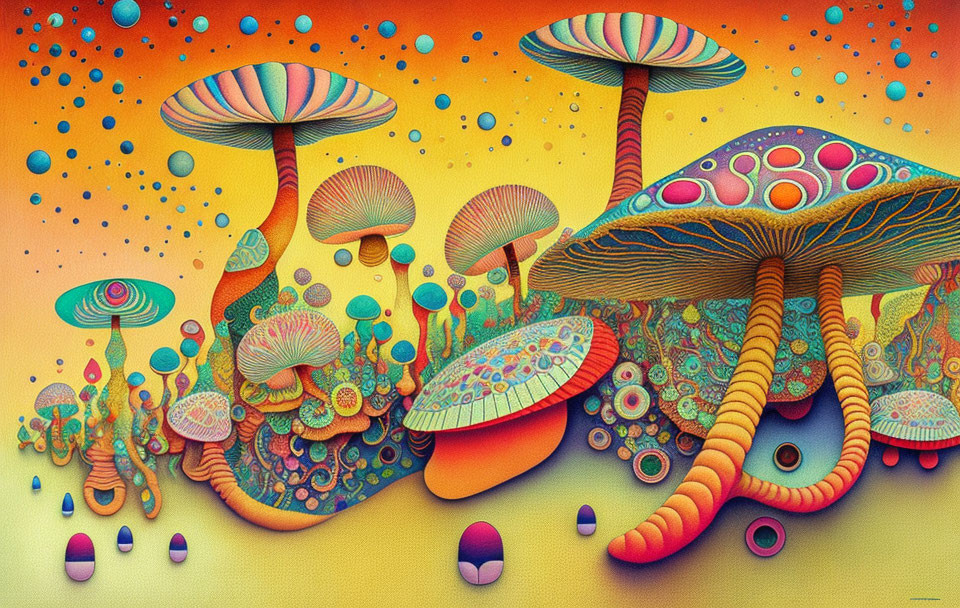 Colorful Psychedelic Mushroom Art on Orange Gradient Background