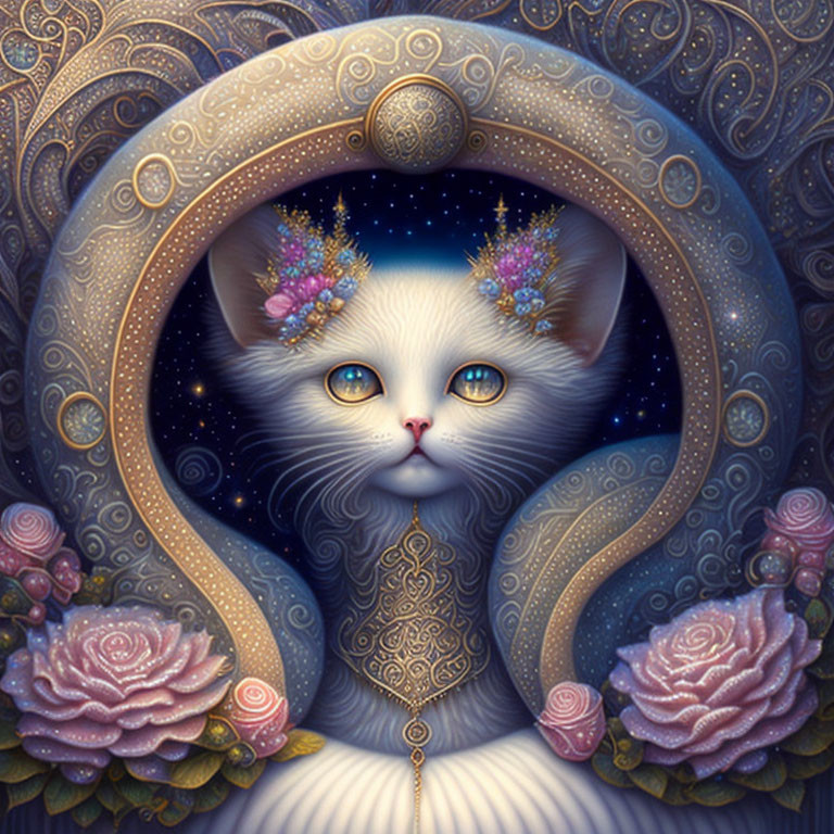 Ethereal white cat with blue eyes in cosmic setting