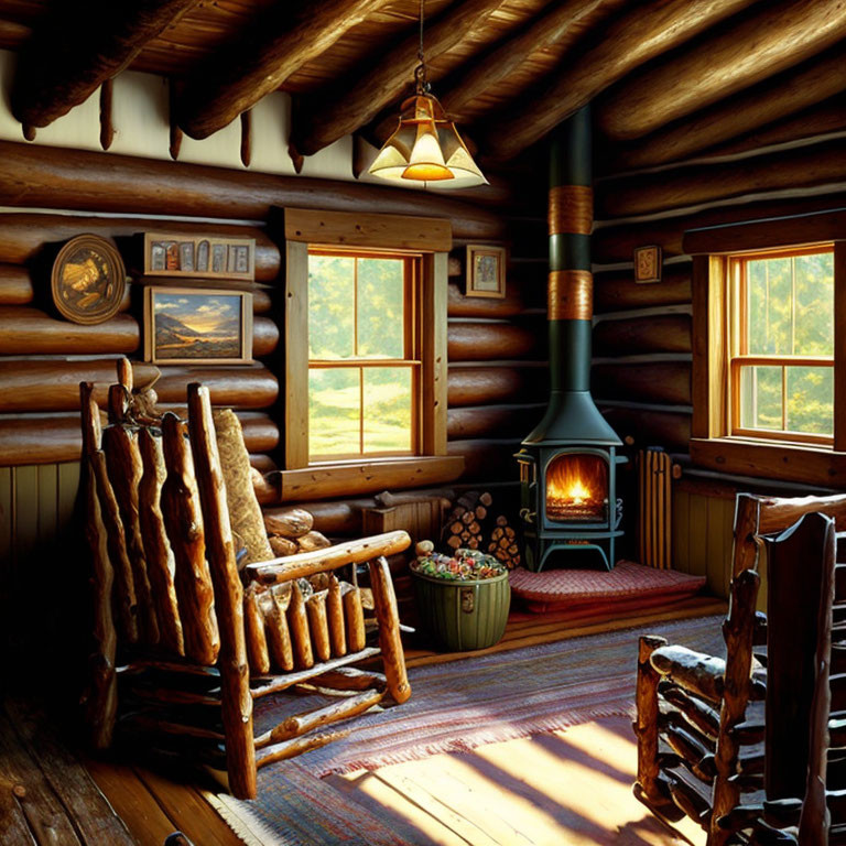 Rustic log cabin interior with wood stove, rustic furniture, woven rug, and warm sunlight.