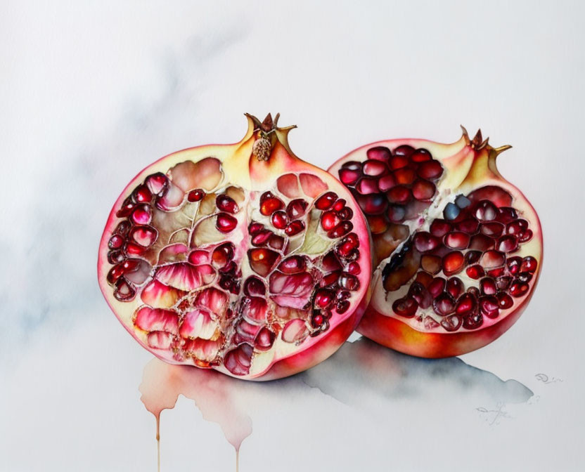 Realistic Watercolor Painting of Ripe Pomegranate