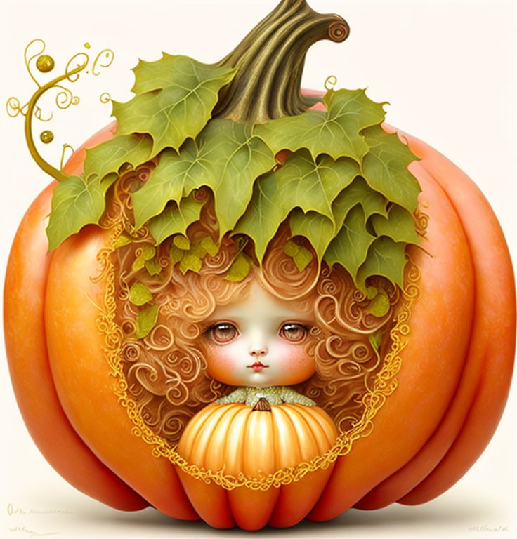 Whimsical child-faced pumpkin illustration with vines and leaves.