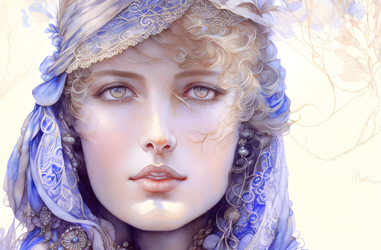 Intricate Blue Headwear Woman with Lace and Botanical Elements