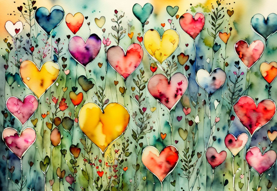 Colorful Watercolor Painting of Heart-Shaped Flower Garden