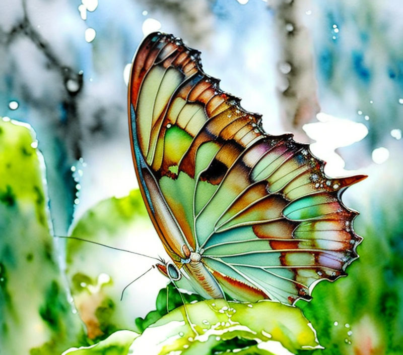 Colorful Butterfly Resting on Green Foliage with Droplets and Blurred Background