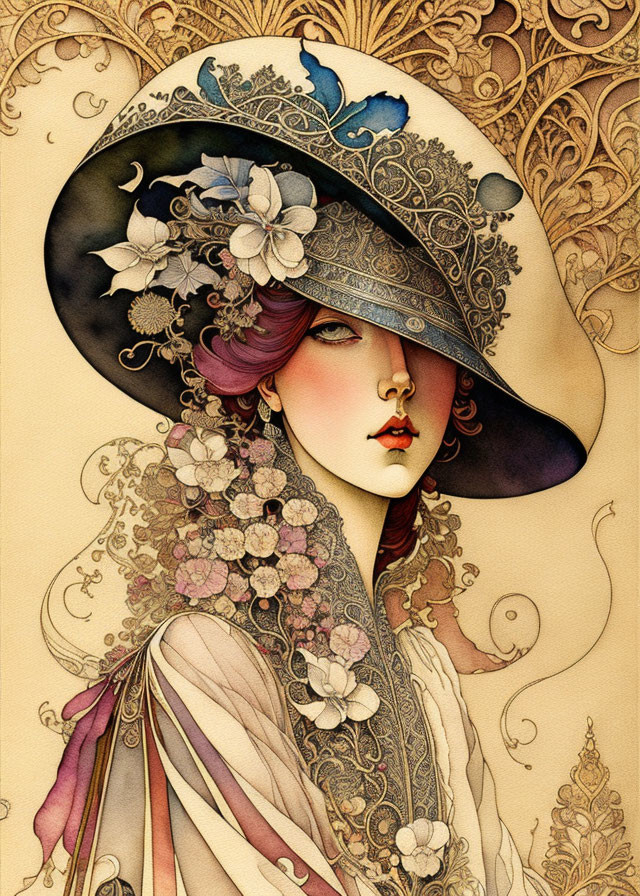 Detailed illustration of woman in floral hat with pastel palette