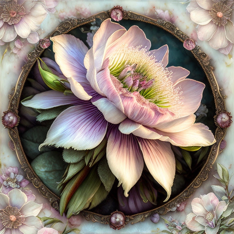 Circular Frame Surrounds Delicate Pastel Flowers