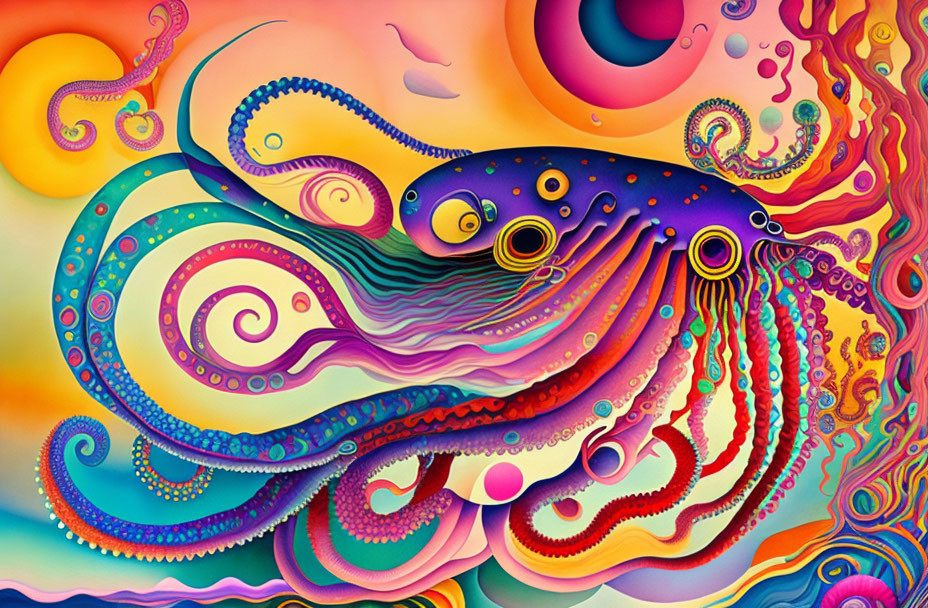 Colorful Psychedelic Octopus Illustration with Swirling Patterns