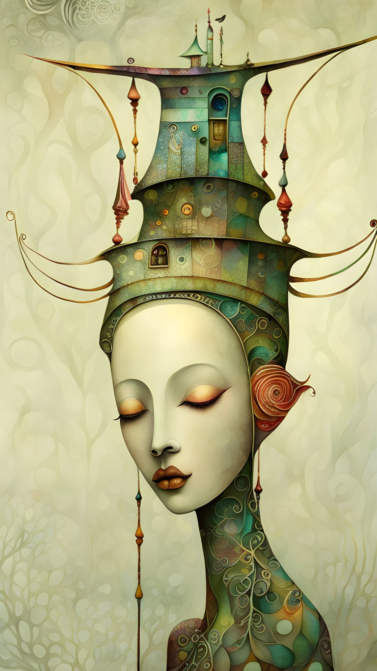 Surreal female figure with ornate castle headpiece on textured background