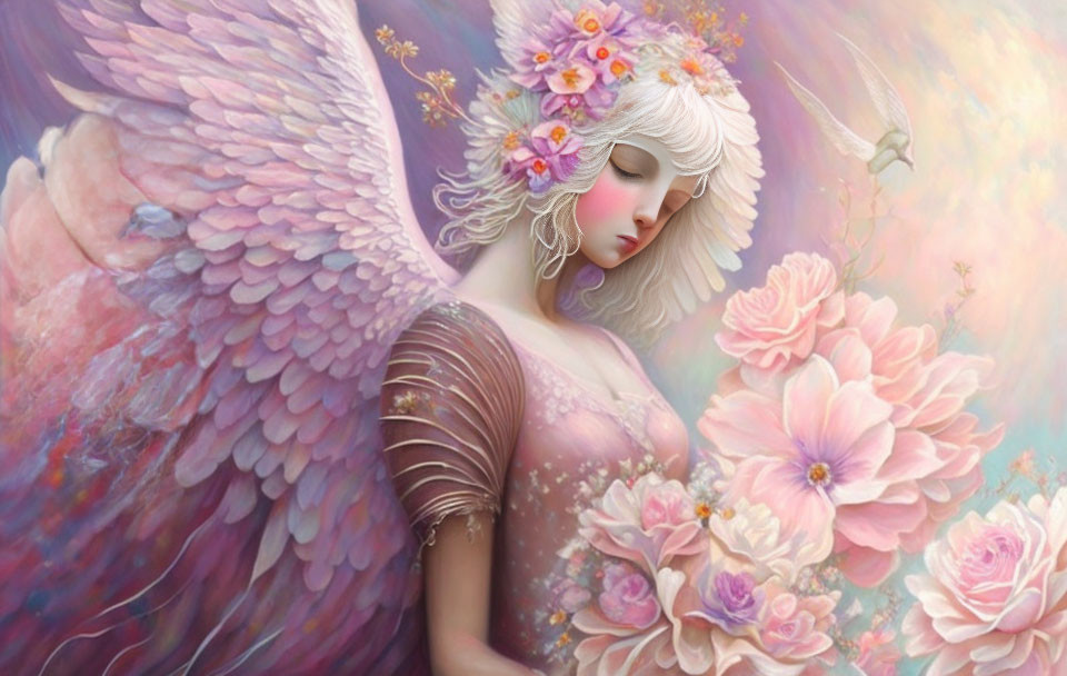 Ethereal female angel surrounded by flowers and detailed wings