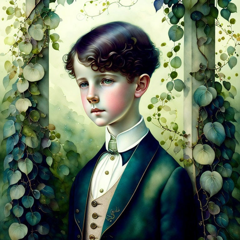 Stylized portrait of young boy in vintage suit among green foliage