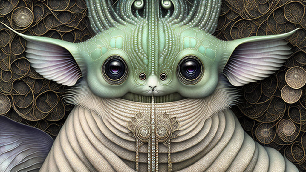 Detailed digital artwork: Baby Yoda-like creature with glossy eyes & intricate textures