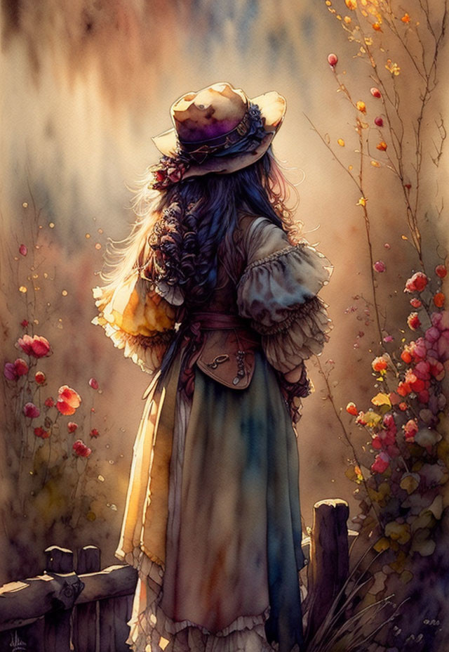 Vintage-dressed woman with hat and braid admires flowers in autumn setting