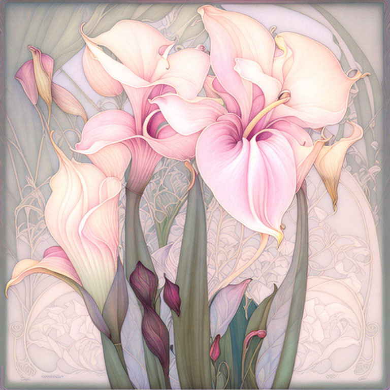 Soft Pink Calla Lilies Illustration with Delicate Shading and Floral Patterns