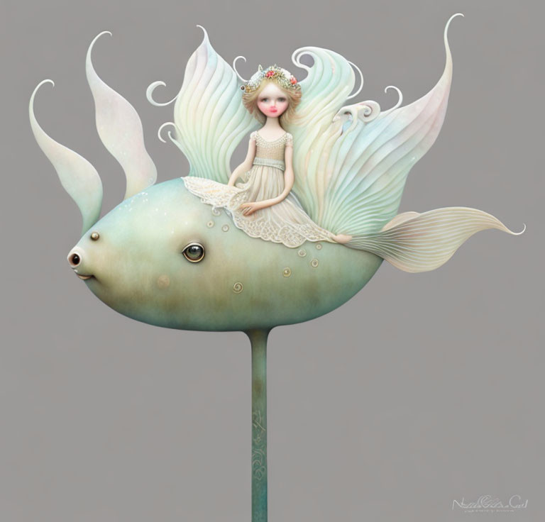 Whimsical fairy with delicate wings on stylized fish pole