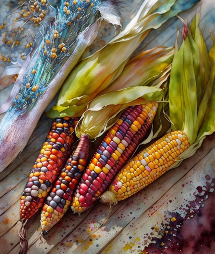 Realistic painting of vibrant corn ears with partially peeled husks